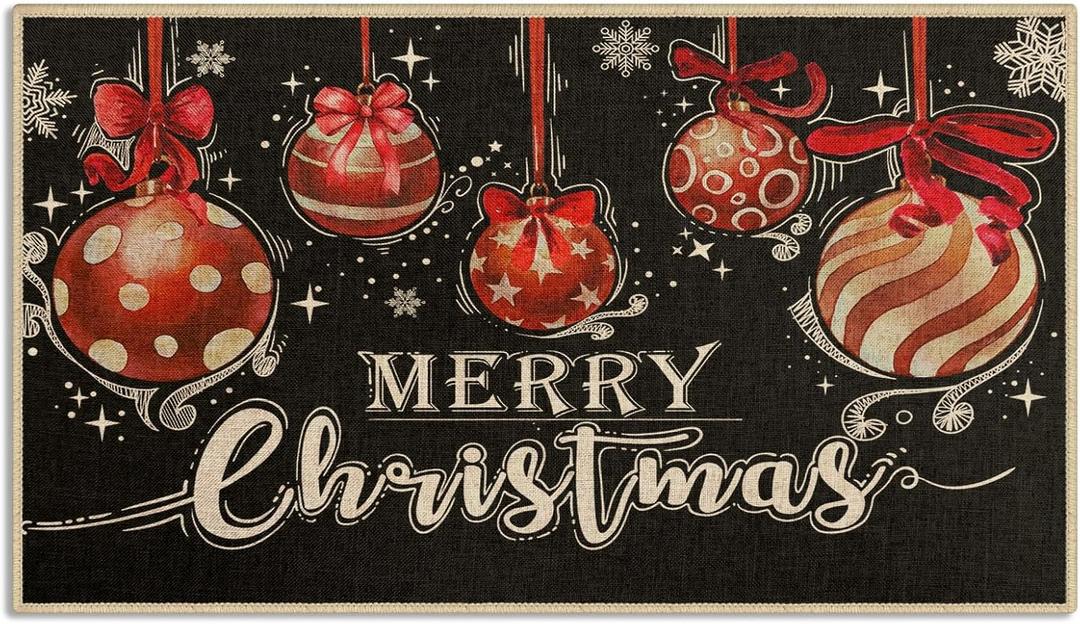 Arttown Christmas Door Rug, Snowflakes Red Black Welcome Mat, Christmas Ball Winter Doormat Front Doormat Outdoor Indoor Entrance Rug Floor Mat Non Slip Resist Dirt Carpet for Entryway 17x30 Inches
