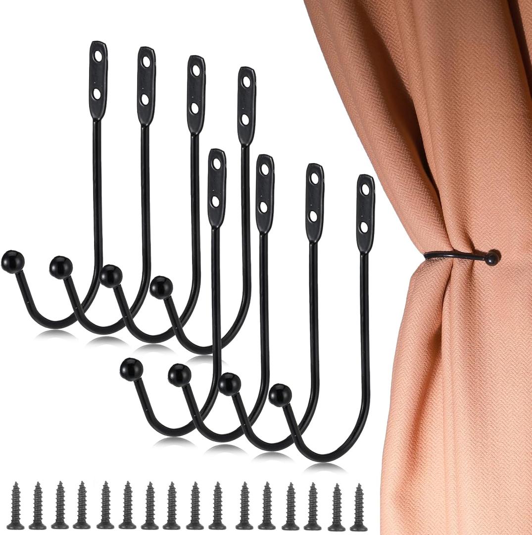 8 Pcs Metal Curtain Holdbacks, Black Curtain Tie Backs Wall Mounted Drapery Tiebacks Heavy Duty Decorative Curtains Hooks U Shaped Curtains Pull Backs Vintage Rustic Style Decor with 16 Pcs Screws