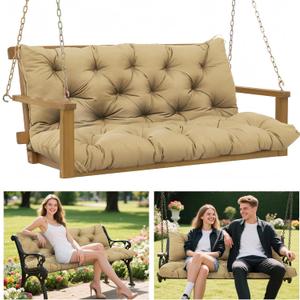 Porch Swing Cushions 60x40 Inch, 5" Extra Thick Waterproof Outdoor Swing Seat Cushion with Backrest & 8 Non-Slip Ties PP Cotton + Memory Foam Fill, Fade-Resistant 3-Seater Replacement for Patio Bench (Khaki)