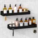 Wisfame Shower Caddy Black,40cm Adhesive Shower Shelve with Large Capacity, Quick-Dry Metal Bathroom Shelves with 8 Hooks, 2 Pack Drill-Free Rustproof Durable Shower Organizers Rack