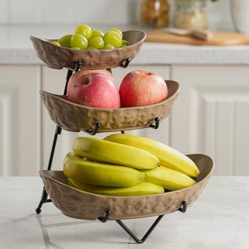 KOKUNKA 2 Tier Fruit Bowl for Kitchen Counter, Ceramic Fruit Basket with Metal Stand Tiered Fruit Display Set for Fruit, Vegetable, Cake, Dessert, Nuts, Snack, Brown