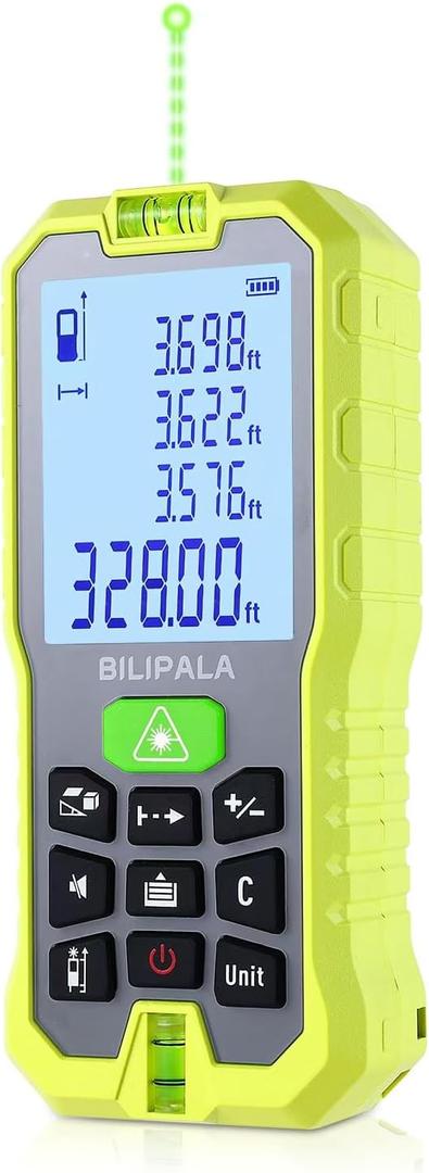 Laser Distance Measuring Tool, 100M/328ft Laser Measure, 2mm Accuracy Laser Distance Meters with Backlit LCD, Measuring Distance, Area, Volume, Pythagorean Mode for Indoor/Outdoor Use(Green Laser)