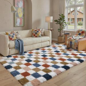 Checkered Area Rug 4x6 for Bedroom Soft Fluffy Shag Carpet | Machine Washable, Non-Slip, Colorful, High Pile, Cozy for Living Room, Kids Room, Nursery, Playroom, Classroom, Modern Decor (Rainbow)