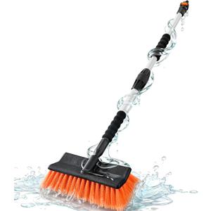 51" Car Wash Brush with Long Handle, Flow-Thru Soft Bristle Car Washing Brush with Extendable Handle and Hose Attachment and On/Off Switch for Car, RV, SUV, Truck, Boat, House Siding (Orange)