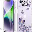 GVIEWIN for iPhone 14 Case Floral, with Screen Protector&Camera Lens Protector, [Non Yellowing]Soft Shockproof Clear Phone Protective Cover Women, Flower Pattern Design 6.1"(Alluring Butterfly/Purple)