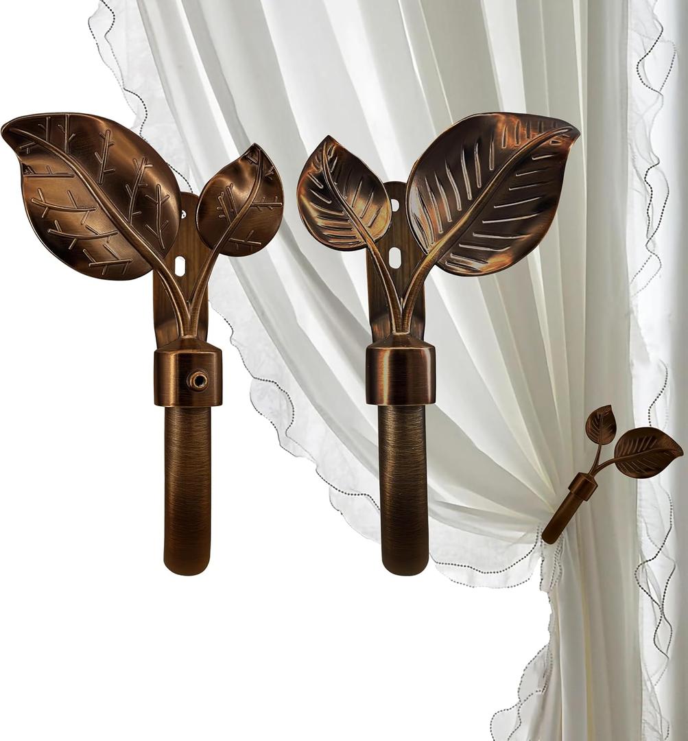 Leaf Curtain Holdbacks, Set of 2 - Wall Mounted Metal Tieback Hooks for Curtains, Adjustable Finial, Antique Bronze