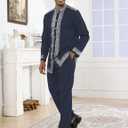 Mens African 2 Piece Set Nigerian Dashiki Metallic Traditional Suit Gold Stamp Printed Shirt and Pants Outfit (Blue, S)