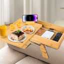 Couch Arm Table for Wide Sofa, 3 in 1 Folding Clip on Side Table with 360 Swivel Phone Holder and Storage Box, Wood Couch Tray Flexible Cup Holder for Drinks, Snacks, Remote