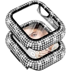 Newlibery Bling Watch Case with HD Screen Protector Women Compatible with Apple Watch 42mm Full Diamond Protective Face Cover PC Frame Protector for iWatch Series 1/2/3 Black, Set of 2