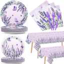 98 Pcs Purple Party Supplies Lavender Paper Plates Napkins Tablecloths Watercolor Floral Tableware Table Cover Set for Spring Summer Girl Baby Shower Birthday Party Decorations for 24 Guests