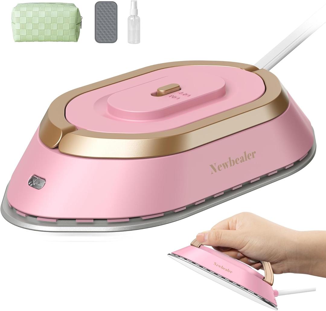 Newbealer Travel Iron with Global Voltage, 100-240V Mini Dry Iron for Clothes (No Steam), Max 300W, 60s Heat Up, 302 Non-Stick Ceramic Soleplate, 0.8lbs Ultra-Lightweight (Pink)