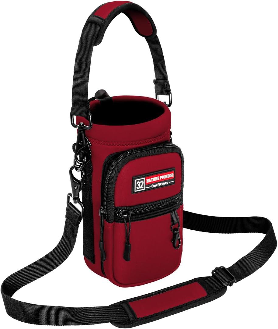 NATURE PIONEOR Water Bottle Holder with Strap,Water Bottle Carrier Bag Sling Sleeve with Adjustable Shoulder Strap & Handle and Large Phone Pocket for Walking,Hiking,Travelling for 25oz/32oz/40oz/64oz (Magenta Red)