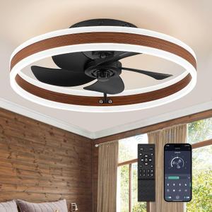 LEDIARY Low Profile Ceiling Fans with Lights, Flush Mount Modern Ceiling Fan and Remote Control, 19.7" LED Ceiling Fans, Stepless Dimmable 3 Colors and 6 Speeds - Walnut