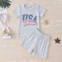 Toddler Baby 4th of July Outfit Boy Girl Oversized Romper USA Shirts Shorts Set American Flag Matching Clothes (Grey, 12-18M)