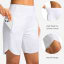 Soothfeel Women's 7" Athletic Running Long Shorts with Pockets High Waisted Bermuda Shorts for Women Workout Walking Casual (White, XL)