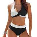 AI'MAGE Women's High Waisted Bikini Sets Tummy Control Swimsuits 2026 Two Piece Bathing Suits Color Block HalterSwim Suits, Black and White, S