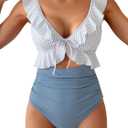 Eomenie One Piece Swimsuit for Women Tummy Control Ruffle Bathing Suit V Neck Ruched Swim Suit Slimming Cutout Swimwear (Medium, Blue Stripes)