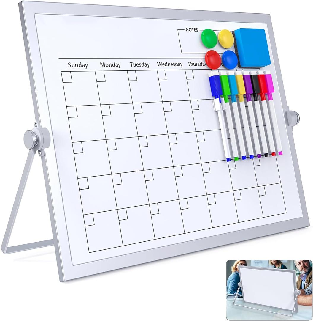 Dry Erase White Board, 16X12IN Magnetic Desktop Whiteboard Calendar with Stand, 8 Markers, 4 Magnets, 1 Eraser, Portable Double-Sided White Board Easel for Kids Memo to Do List Desk