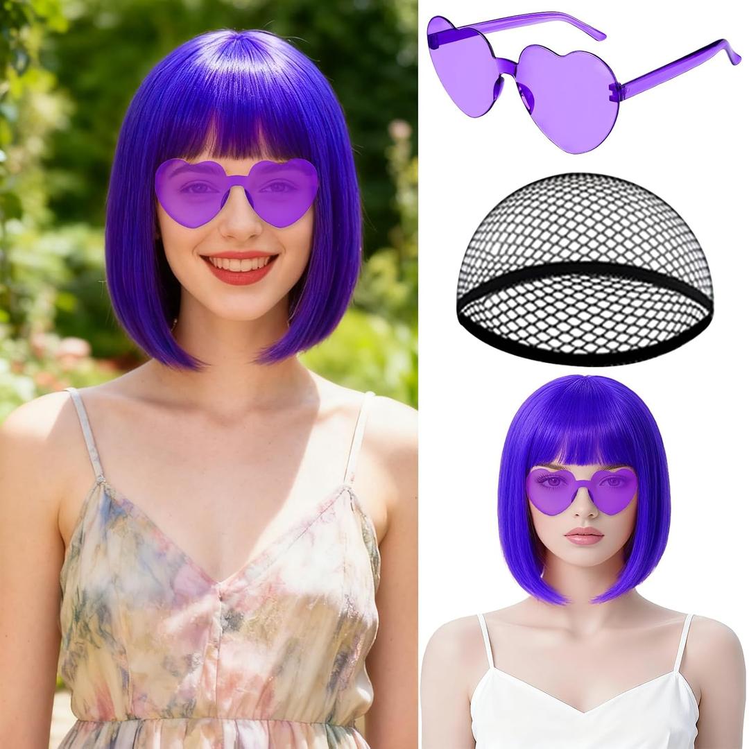 MEEZY Dark Purple Short Bob Wigs Straight Hair with Flat Bangs Heart Sunglasses for Women, Colorful Funny Cosplay Party Neon Wig Synthetic Natural As Real Carnival Halloween Costume Party Favors
