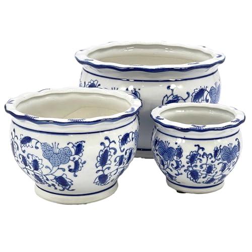 Galt International Blue & White Floral Porcelain Ceramic Decorative Flower Pot 8"/6"/4.5" Garden Pots Chinese Asian Design - Set of 2, Round