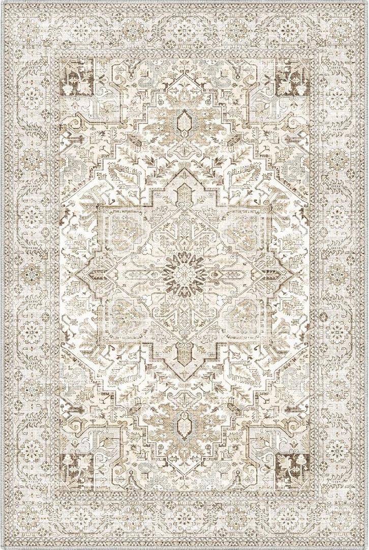 Area Rug 2x3, Lightweight Washable Rugs for Entryway Bathroom Kitchen, Ultra-Thin Absorbing Low Pile Non Slip Rubber Rugs Backing, Durable Aesthetic Vintage 2x3 Rug (Cream/Light Beige, 2X3)