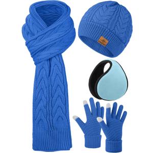 URATOT 4 Pack Winter Knitted Set Thick Knitted Beanie Hat Scarf Gloves Ear Warmer for Men or Women (Blue)