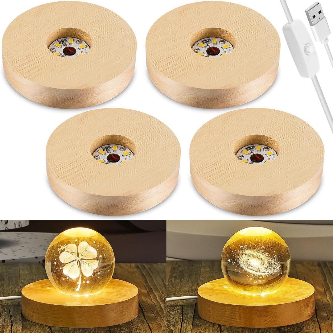 Honoson 4 Pcs LED Display Base Wooden LED Base Wood Light Display for Crystal Lighted Stand for Glass 3D Glass Resin Art(Round)