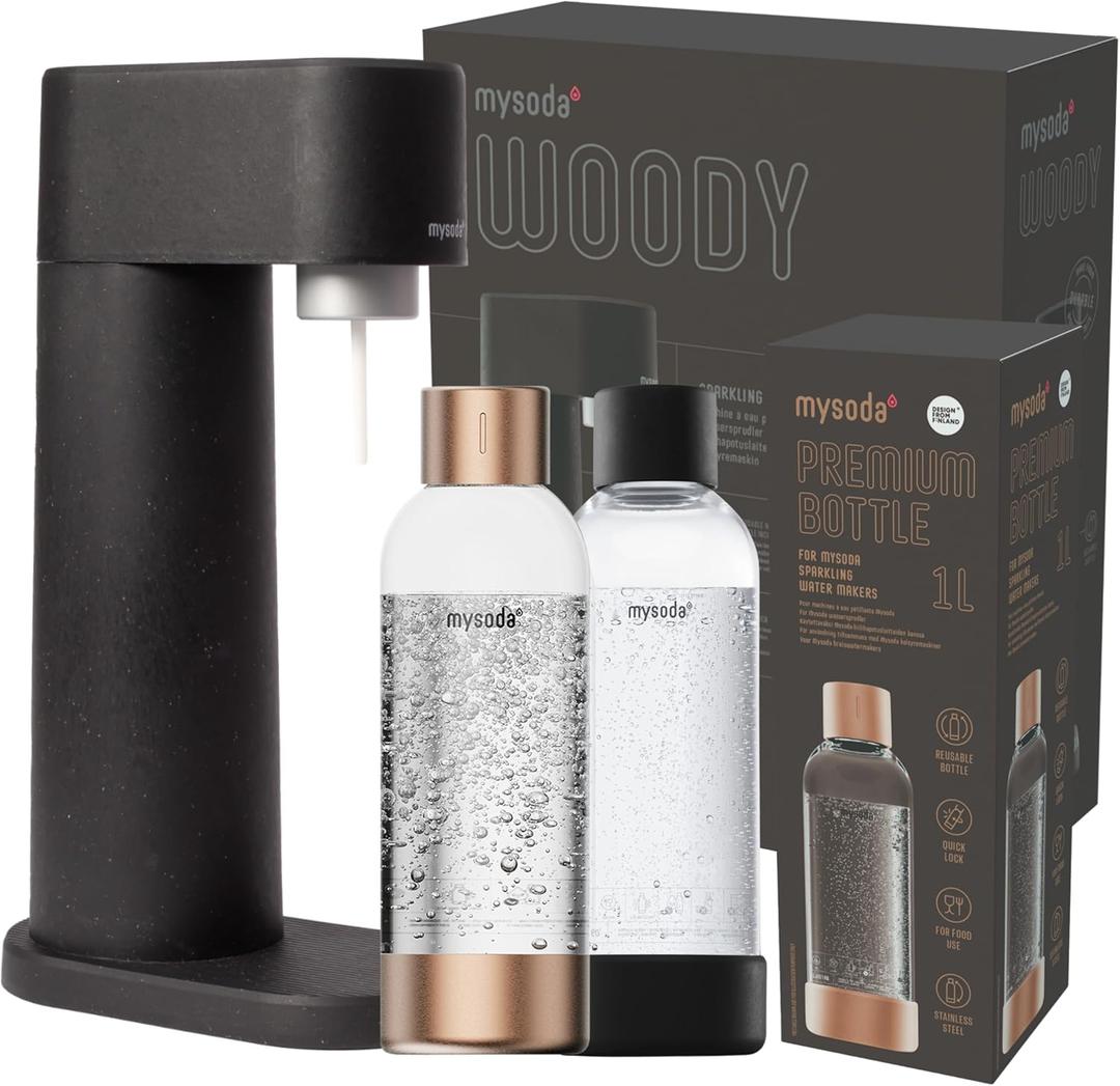 Black Woody Sparkling Water Maker - Silent, Renewable Wood Composite Machine with 2x1L Quick Lock Water Bottles