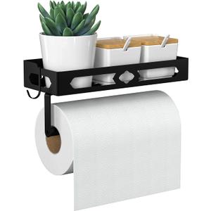 Paper Towel Holder Wall Mount for Kitchen, Easy One-handed Operation Design, Self Adhesive Paper Towel Holder with Shelf for Bathroom, RV Paper Towel Rack Paper Roll Holder with 2 Hooks, Black