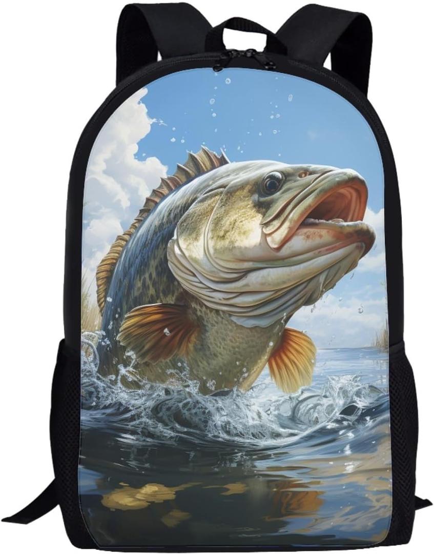 Kids Backpack Print School Bookbag Travel bag for Elementary Students Teens Girls Boys (Bass Fish)