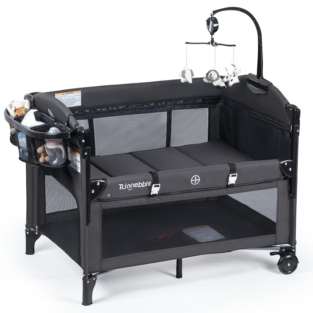 Baby Bassinets Bedside Sleeper, 4 in 1 Portable Bedside Crib w/Mattress, Diaper Changer, Storage Basket, Music Box, Carry Bag, Foldable Playard Sleeper for Newborn (Black)