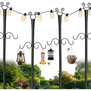 4 Pack Outdoor Patio Light Poles for String Lights, 10Ft Heavy Duty Metal String Light Poles with Shepherds Hooks for Hanging Plant & Bird Feeder, Deck Pole for Outdoor Strings Lights