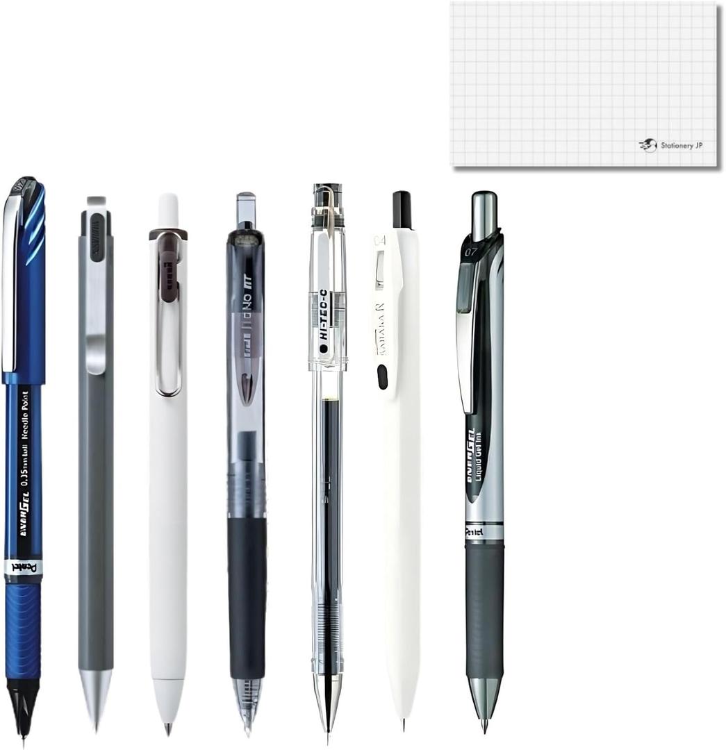 Japanese Gel Ink Pen Set of 7  Fine Point 0.350.7 mm Black Ink, Smooth and Neat Writing, Includes Test Writing Card  Made in Japan