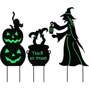 Aesto Halloween Yard Signs Outdoor Decorations, 3 Pack Witch and Pumpkin Shaped Metal Lawn Signs Waterproof Glow in The Dark for Garden, Walkway, Patio, Porch Outside Decor