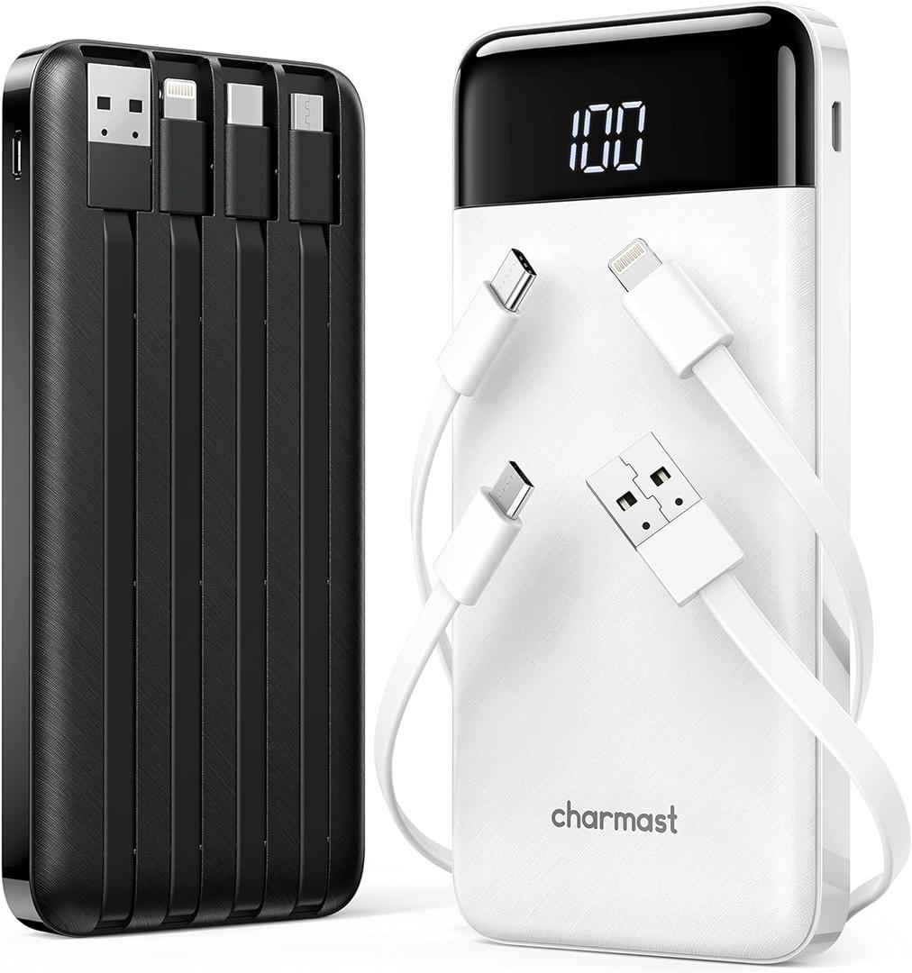 2 Packs Portable Chargers with Built in Cables, 2PCS Slim 10000mAh Travel Essentials Battery Pack 6 Outputs 3A Power Banks for iPhone Samsung Pixel LG Moto iPad (B-Black+White)