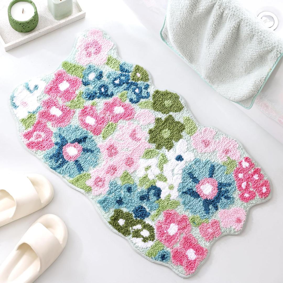 TRUEDAYS Wildflower Floral Bathroom Rug - Cute Tufted Non Slip Soft Flower Shaped Bath Mat, Washable Farmhouse & Cottagecore Bathroom Decor - Aesthetic Green Rug for Vanity, Tub, Entryway