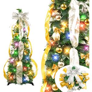 N&T NIETING Pop Up Christmas Tree Decorations Artificial Collapsible Tree with Lights 8Modes&Timer Predecorated Pencil Tinsel Tree for Home Apartment Office Indoor Outdoor Party Xmas Dcor, 3FT, Green