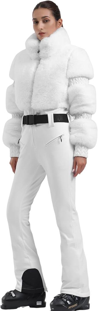 GSOU SNOW Women Ski Suit One Piece Snowsuit Snowboard Faux Fur Collar Slim Jumpsuit Jacket Insulated Windproof Outdoor Winter (Small, White Color)