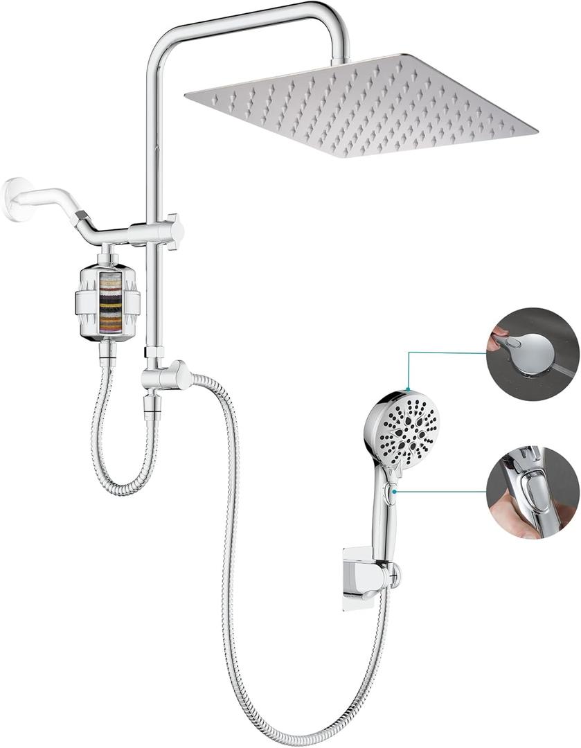 Dual Shower Head with Filter Combo, Stainless Steel 10in Rainfall Showerhead with 10in Height Adjustable Slide Bar&3-Way Diverter, Handheld Shower Head with On Off Switch & Adhesive Shower Holder