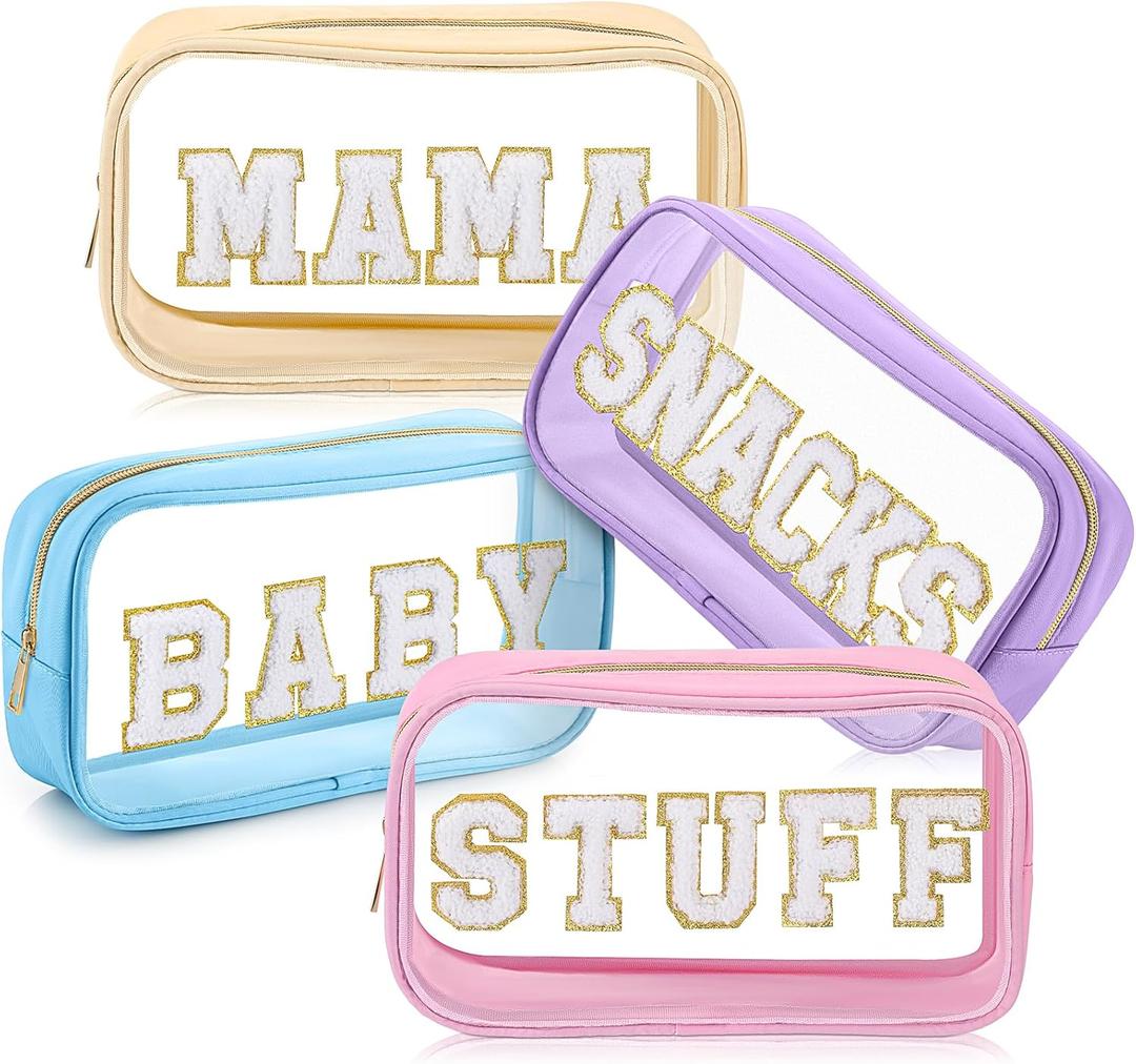 4 Pcs Mama and Baby Toiletry Bag Clear Chenille Letter Diaper Bag Pouch Snacks Makeup Stuff Travel Preppy Transparent Pouch with Zipper for Women Gift(Macarons Color)