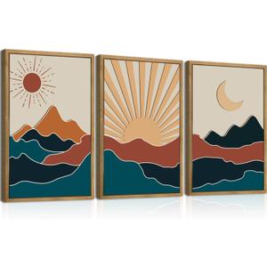 Large Boho Mountain Wall Art Set Modern Abstract Bohemian Wood Wall Decor Colorful Mid Century Neutral Artwork Sun and Moon Art Decor for Living Room Bedroom Office-16x24Inch x3