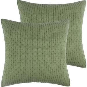 Levtex Home - Cross Stitch Forest Green - Euro Shams Set of Two - (26x26in.), No Insert - Cross Stitched Pattern - Cotton Fabric