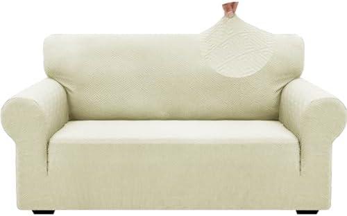 ZNSAYOTX 1 Piece Jacquard Couch Covers for 2 Cushion Couch High Stretch Loveseat Slipcover for Pets Dogs Anti Slip Love Seat Sofa Slipcover Furniture Protector (Medium,New Pattern Light Beige)