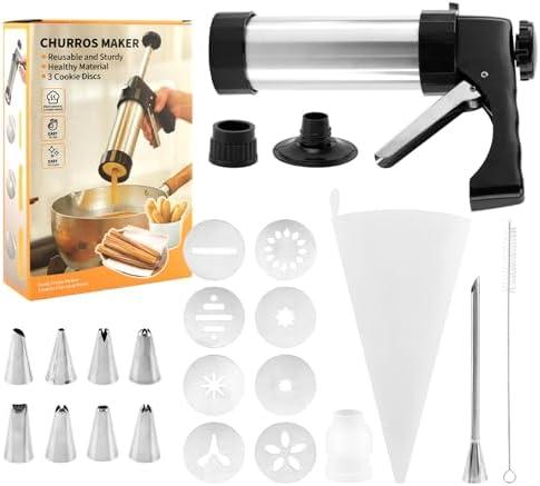 Churro Maker Machine,Stainless Steel Churro Maker Kits Including 8 Discs Nozzles,8 Churro Piping Tips,Cleaning Brush,Filling Piping Bag,for Homemade Different Shape Churros,Cookie