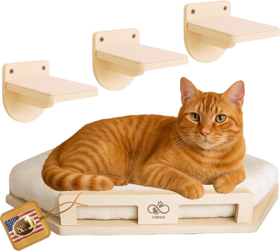 Cat Wall Shelves for Cats & Kitten up to 25 lb Solid Wood Cozy Corner Bed + Cushion with 2 Washable Covers +3 Wooden Steps, Safe Haven for Indoor Cats, Cat Shelves for Wall, Wood Color