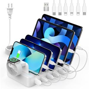 CREATIVE DESIGN Charging Station for Multiple Devices, 50W 6 Ports Charging Dock with 6 Cables Compatible with Cellphone,Tablet, Kindle, Apple Watch and Other Electronic (White)