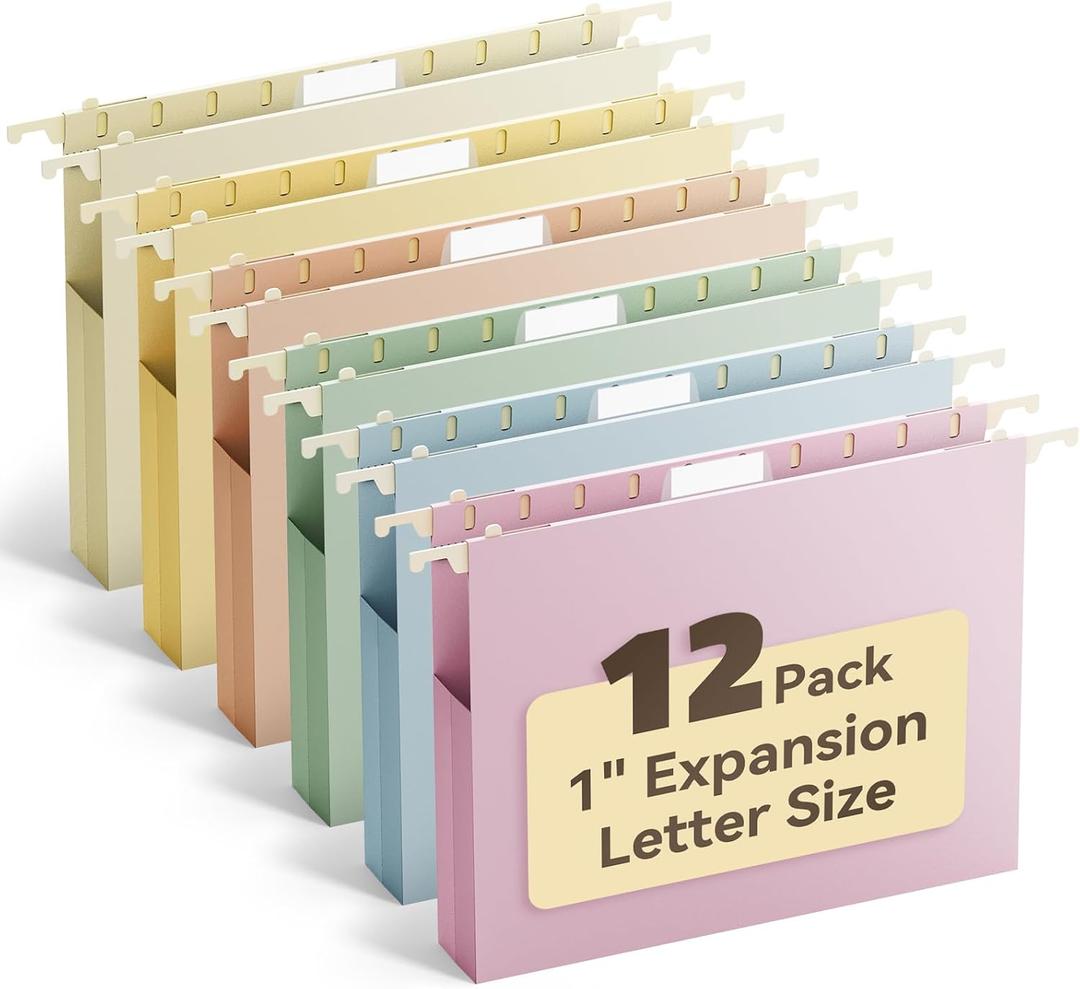 Ansook Hanging File Folders Letter Size Extra Capacity,Heavy Duty 1" Expandable Letter File Folders Hanging with Tabs,12 Pack Plastic File Cabinet Folders for File Frame/Box,Hanging File Organizer