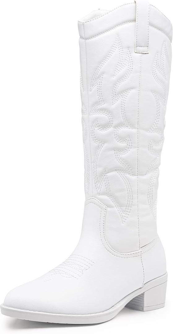 Vepose Women's Embroidered Knee High Western Low Heel Cowboy Boots | Round toe, inside zipper, pull tabs, memory foam cushioning, breathable lining, non-slip rubber outsole for daily looks (White), 8
