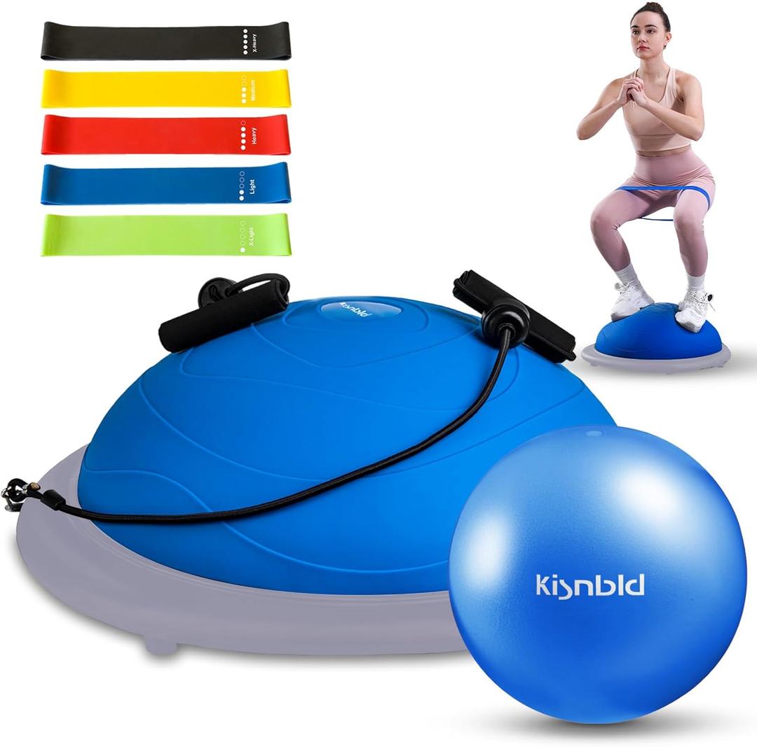 kisnbld Half Balance Ball Trainer, Inflatable 19 Inch Half Exercise Ball with Resistance Bands and Pilates Ball, Non-Slip 660lbs Capacity Yoga Ball for Home Gym Full Body Workouts, Blue