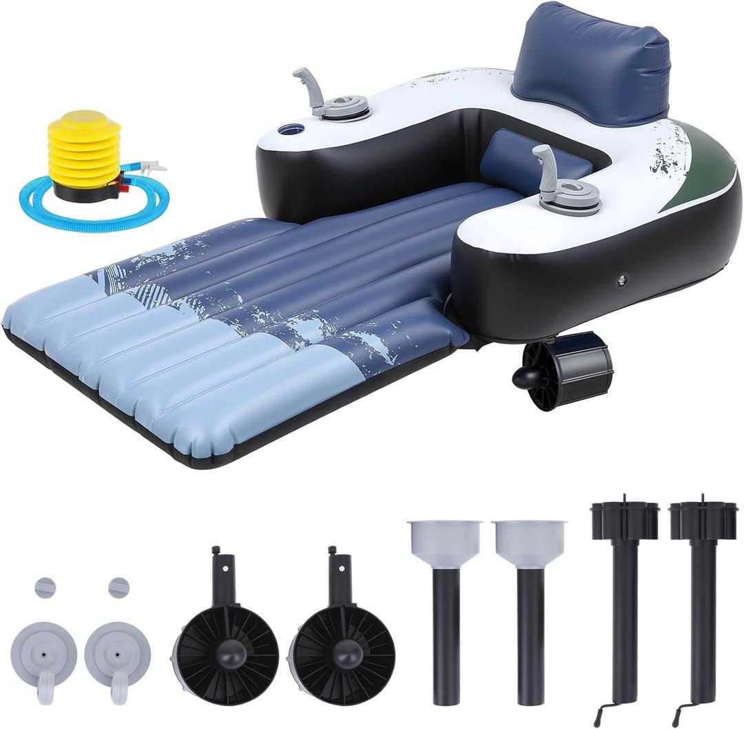 Motorized Pool Float for Adults, Inflatable Pool Lounger with Built in Dual Motor, Cup Holders, Backrest, Foot Pump for Lake, Beach, Summer Party, Color-Block